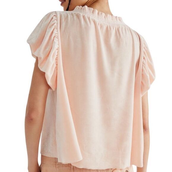 Free People Terese Top Size M Pink Tint Velvet poof short sleeve ruffle Tie Neck - Picture 4 of 12